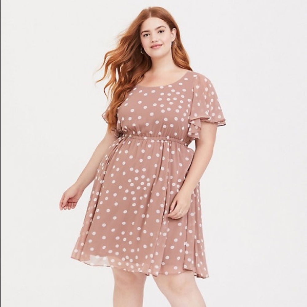 TORRID TAN POLKA DOT CHIFFON SKATER DRESS